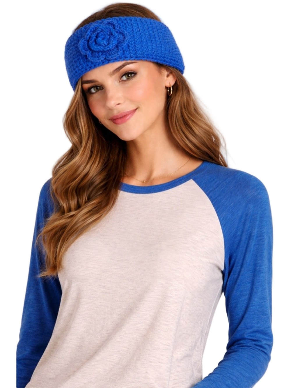 blue knit floral winter headband